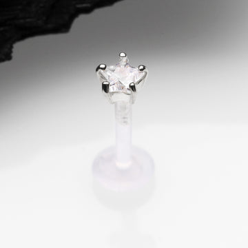 Detail View 1 of 14 Karat White Gold Push-In Prong Set Star Gem Top Bio-Flex Labret-Clear Gem